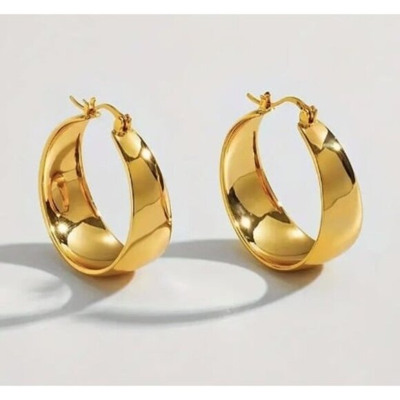18K Gold Plated Titanium Steel C-Shaped Hoop Earrings - Picture 1 of 4